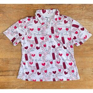 Pagymo Golf Shirt Womens Size Large Red Wine Broken Heart Print Golfing Polo Top